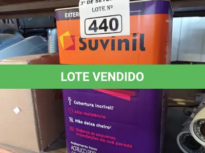 LOTE 440 - 01 LATA DE TINTA SUVINIL INTERIORES /EXTERIORES SEM CHEIRO 18L NA COR FOSCO BRANCO NEVE. (NO ESTADO) ATENÇÃO! FAZER A VISITAÇÃO ANTES DE ARREMATAR, NÃO SABEMOS SE FUNCIONA. LEILÃO NÃO TEM GARANTIA E NEM DEVOLUÇÃO, SUJEITO A POSSÍVEIS AVARIAS VISÍVEIS/OCULTAS E/OU AUSÊNCIA DE COMPONENTES.