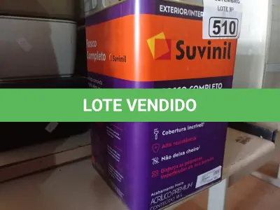 LOTE 510 - 01 LATA DE TINTA SUVINIL INTERIORES /EXTERIORES SEM CHEIRO 18L NA COR FOSCO BRANCO NEVE. (NO ESTADO) ATENÇÃO! FAZER A VISITAÇÃO ANTES DE ARREMATAR, NÃO SABEMOS SE FUNCIONA. LEILÃO NÃO TEM GARANTIA E NEM DEVOLUÇÃO, SUJEITO A POSSÍVEIS AVARIAS VISÍVEIS/OCULTAS E/OU AUSÊNCIA DE COMPONENTES.