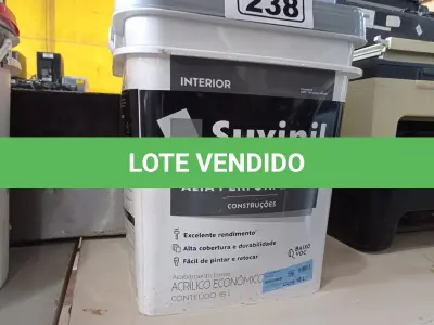 LOTE 238 - 01 BALDE DE TINTA SUVINIL INTERIORES ACRÍLICO FOSCO 18L NA COR FOSCO BRANCO. (NO ESTADO) ATENÇÃO! FAZER A VISITAÇÃO ANTES DE ARREMATAR, NÃO SABEMOS SE FUNCIONA. LEILÃO NÃO TEM GARANTIA E NEM DEVOLUÇÃO, SUJEITO A POSSÍVEIS AVARIAS VISÍVEIS/OCULTAS E/OU AUSÊNCIA DE COMPONENTES.