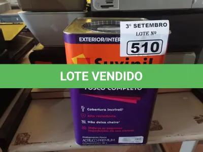 LOTE 510 - 01 LATA DE TINTA SUVINIL INTERIORES /EXTERIORES SEM CHEIRO 18L NA COR FOSCO BRANCO NEVE. (NO ESTADO) ATENÇÃO! FAZER A VISITAÇÃO ANTES DE ARREMATAR, NÃO SABEMOS SE FUNCIONA. LEILÃO NÃO TEM GARANTIA E NEM DEVOLUÇÃO, SUJEITO A POSSÍVEIS AVARIAS VISÍVEIS/OCULTAS E/OU AUSÊNCIA DE COMPONENTES.