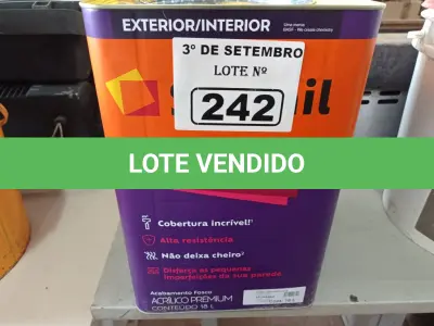 LOTE 242 - 01 LATA DE TINTA SUVINIL INTERIORES /EXTERIORES SEM CHEIRO 18L NA COR FOSCO BRANCO NEVE. (NO ESTADO) ATENÇÃO! FAZER A VISITAÇÃO ANTES DE ARREMATAR, NÃO SABEMOS SE FUNCIONA. LEILÃO NÃO TEM GARANTIA E NEM DEVOLUÇÃO, SUJEITO A POSSÍVEIS AVARIAS VISÍVEIS/OCULTAS E/OU AUSÊNCIA DE COMPONENTES.