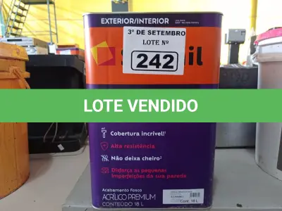 LOTE 242 - 01 LATA DE TINTA SUVINIL INTERIORES /EXTERIORES SEM CHEIRO 18L NA COR FOSCO BRANCO NEVE. (NO ESTADO) ATENÇÃO! FAZER A VISITAÇÃO ANTES DE ARREMATAR, NÃO SABEMOS SE FUNCIONA. LEILÃO NÃO TEM GARANTIA E NEM DEVOLUÇÃO, SUJEITO A POSSÍVEIS AVARIAS VISÍVEIS/OCULTAS E/OU AUSÊNCIA DE COMPONENTES.