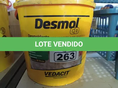LOTE 263 - 01 BALDE DE DESMOL, DESMOLDANTE PARA CONCRETO A SER REVESTIDO 18L. (NO ESTADO) ATENÇÃO! FAZER A VISITAÇÃO ANTES DE ARREMATAR, NÃO SABEMOS SE FUNCIONA. LEILÃO NÃO TEM GARANTIA E NEM DEVOLUÇÃO, SUJEITO A POSSÍVEIS AVARIAS VISÍVEIS/OCULTAS E/OU AUSÊNCIA DE COMPONENTES.