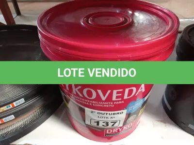 LOTE 137 - 01 BALDE DE DRYKOVEDA, ADITIVO IMPERMEABILIZANTE PARA ARGAMASSA E CONCRETO 18L. (NO ESTADO) ATENÇÃO! FAZER A VISITAÇÃO ANTES DE ARREMATAR, NÃO SABEMOS SE FUNCIONA. LEILÃO NÃO TEM GARANTIA E NEM DEVOLUÇÃO, SUJEITO A POSSÍVEIS AVARIAS VISÍVEIS/OCULTAS E/OU AUSÊNCIA DE COMPONENTES.