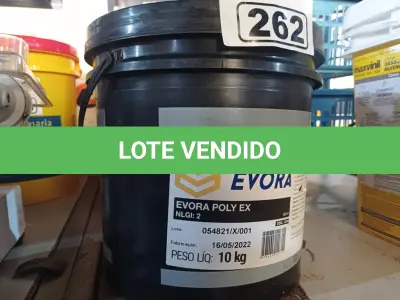 LOTE 262 - 01 BALDE DE GRAXA EVORA POLY EX NLGI:2 10KG. (NO ESTADO) ATENÇÃO! FAZER A VISITAÇÃO ANTES DE ARREMATAR, NÃO SABEMOS SE FUNCIONA. LEILÃO NÃO TEM GARANTIA E NEM DEVOLUÇÃO, SUJEITO A POSSÍVEIS AVARIAS VISÍVEIS/OCULTAS E/OU AUSÊNCIA DE COMPONENTES.