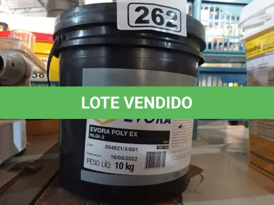 LOTE 262 - 01 BALDE DE GRAXA EVORA POLY EX NLGI:2 10KG. (NO ESTADO) ATENÇÃO! FAZER A VISITAÇÃO ANTES DE ARREMATAR, NÃO SABEMOS SE FUNCIONA. LEILÃO NÃO TEM GARANTIA E NEM DEVOLUÇÃO, SUJEITO A POSSÍVEIS AVARIAS VISÍVEIS/OCULTAS E/OU AUSÊNCIA DE COMPONENTES.