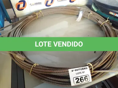 LOTE 266 - 01 ROLO DE CABO DE AÇO 3/8” COM 50 METROS. (NO ESTADO) ATENÇÃO! FAZER A VISITAÇÃO ANTES DE ARREMATAR, NÃO SABEMOS SE FUNCIONA. LEILÃO NÃO TEM GARANTIA E NEM DEVOLUÇÃO, SUJEITO A POSSÍVEIS AVARIAS VISÍVEIS/OCULTAS E/OU AUSÊNCIA DE COMPONENTES.