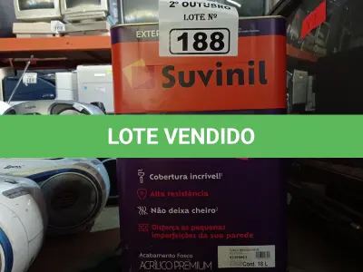 LOTE 188 - 01 LATA DE TINTA SUVINIL EXTERIORES/INTERIORES 18L NA COR FOSCO BRANCO NEVE. (NO ESTADO) ATENÇÃO! FAZER A VISITAÇÃO ANTES DE ARREMATAR, NÃO SABEMOS SE FUNCIONA. LEILÃO NÃO TEM GARANTIA E NEM DEVOLUÇÃO, SUJEITO A POSSÍVEIS AVARIAS VISÍVEIS/OCULTAS E/OU AUSÊNCIA DE COMPONENTES.