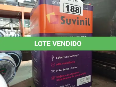 LOTE 188 - 01 LATA DE TINTA SUVINIL EXTERIORES/INTERIORES 18L NA COR FOSCO BRANCO NEVE. (NO ESTADO) ATENÇÃO! FAZER A VISITAÇÃO ANTES DE ARREMATAR, NÃO SABEMOS SE FUNCIONA. LEILÃO NÃO TEM GARANTIA E NEM DEVOLUÇÃO, SUJEITO A POSSÍVEIS AVARIAS VISÍVEIS/OCULTAS E/OU AUSÊNCIA DE COMPONENTES.