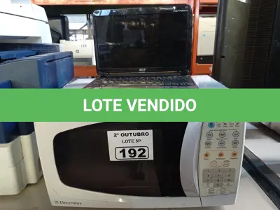 LOTE 192 - 01 MICRO-ONDAS MARCA ELECTROLUX E 01 NETBOOK MARCA ACER. (NO ESTADO) ATENÇÃO! FAZER A VISITAÇÃO ANTES DE ARREMATAR, NÃO SABEMOS SE FUNCIONA. LEILÃO NÃO TEM GARANTIA E NEM DEVOLUÇÃO, SUJEITO A POSSÍVEIS AVARIAS VISÍVEIS/OCULTAS E/OU AUSÊNCIA DE COMPONENTES.