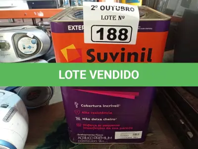 LOTE 188 - 01 LATA DE TINTA SUVINIL EXTERIORES/INTERIORES 18L NA COR FOSCO BRANCO NEVE. (NO ESTADO) ATENÇÃO! FAZER A VISITAÇÃO ANTES DE ARREMATAR, NÃO SABEMOS SE FUNCIONA. LEILÃO NÃO TEM GARANTIA E NEM DEVOLUÇÃO, SUJEITO A POSSÍVEIS AVARIAS VISÍVEIS/OCULTAS E/OU AUSÊNCIA DE COMPONENTES.