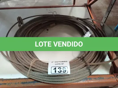 LOTE 139 - 01 ROLO DE CABO DE AÇO 3/8” COM 52 METROS. (NO ESTADO) ATENÇÃO! FAZER A VISITAÇÃO ANTES DE ARREMATAR, NÃO SABEMOS SE FUNCIONA. LEILÃO NÃO TEM GARANTIA E NEM DEVOLUÇÃO, SUJEITO A POSSÍVEIS AVARIAS VISÍVEIS/OCULTAS E/OU AUSÊNCIA DE COMPONENTES.