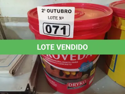 LOTE 071 - 01 BALDE DE DRYKOVEDA, ADITIVO IMPERMEABILIZANTE PARA ARGAMASSA E CONCRETO 18L. (NO ESTADO) ATENÇÃO! FAZER A VISITAÇÃO ANTES DE ARREMATAR, NÃO SABEMOS SE FUNCIONA. LEILÃO NÃO TEM GARANTIA E NEM DEVOLUÇÃO, SUJEITO A POSSÍVEIS AVARIAS VISÍVEIS/OCULTAS E/OU AUSÊNCIA DE COMPONENTES.