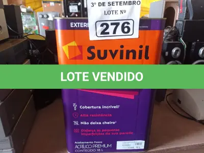 LOTE 276 - 01 LATA DE TINTA SUVINIL INTERIORES /EXTERIORES SEM CHEIRO 18L NA COR FOSCO BRANCO NEVE. (NO ESTADO) ATENÇÃO! FAZER A VISITAÇÃO ANTES DE ARREMATAR, NÃO SABEMOS SE FUNCIONA. LEILÃO NÃO TEM GARANTIA E NEM DEVOLUÇÃO, SUJEITO A POSSÍVEIS AVARIAS VISÍVEIS/OCULTAS E/OU AUSÊNCIA DE COMPONENTES.