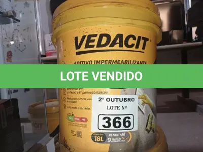 LOTE 366 - 01 BALDE DE VEDACIT, ADITIVO IMPERMEABILIZANTE PARA CONCRETOS E ARGAMASSAS 18L. (NO ESTADO) ATENÇÃO! FAZER A VISITAÇÃO ANTES DE ARREMATAR, NÃO SABEMOS SE FUNCIONA. LEILÃO NÃO TEM GARANTIA E NEM DEVOLUÇÃO, SUJEITO A POSSÍVEIS AVARIAS VISÍVEIS/OCULTAS E/OU AUSÊNCIA DE COMPONENTES.