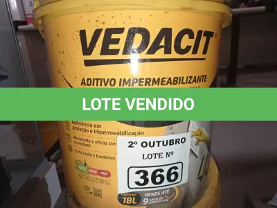 LOTE 366 - 01 BALDE DE VEDACIT, ADITIVO IMPERMEABILIZANTE PARA CONCRETOS E ARGAMASSAS 18L. (NO ESTADO) ATENÇÃO! FAZER A VISITAÇÃO ANTES DE ARREMATAR, NÃO SABEMOS SE FUNCIONA. LEILÃO NÃO TEM GARANTIA E NEM DEVOLUÇÃO, SUJEITO A POSSÍVEIS AVARIAS VISÍVEIS/OCULTAS E/OU AUSÊNCIA DE COMPONENTES.