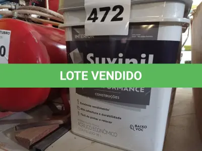 LOTE 472 - 01 BALDE DE TINTA SUVINIL INTERIORES NA COR FOSCO BRANCO 18L. (NO ESTADO) ATENÇÃO! FAZER A VISITAÇÃO ANTES DE ARREMATAR, NÃO SABEMOS SE FUNCIONA. LEILÃO NÃO TEM GARANTIA E NEM DEVOLUÇÃO, SUJEITO A POSSÍVEIS AVARIAS VISÍVEIS/OCULTAS E/OU AUSÊNCIA DE COMPONENTES.