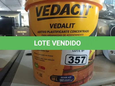 LOTE 357 - 01 BALDE DE VEDALIT, ADITIVO PLASTIFICANTE CONCENTRADO PARA ARGAMASSA DE ASSENTAMENTO E REBOCO CONVENCIONAL 18L. (NO ESTADO) ATENÇÃO! FAZER A VISITAÇÃO ANTES DE ARREMATAR, NÃO SABEMOS SE FUNCIONA. LEILÃO NÃO TEM GARANTIA E NEM DEVOLUÇÃO, SUJEITO A POSSÍVEIS AVARIAS VISÍVEIS/OCULTAS E/OU AUSÊNCIA DE COMPONENTES.