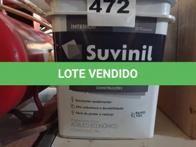 LOTE 472 - 01 BALDE DE TINTA SUVINIL INTERIORES NA COR FOSCO BRANCO 18L. (NO ESTADO) ATENÇÃO! FAZER A VISITAÇÃO ANTES DE ARREMATAR, NÃO SABEMOS SE FUNCIONA. LEILÃO NÃO TEM GARANTIA E NEM DEVOLUÇÃO, SUJEITO A POSSÍVEIS AVARIAS VISÍVEIS/OCULTAS E/OU AUSÊNCIA DE COMPONENTES.