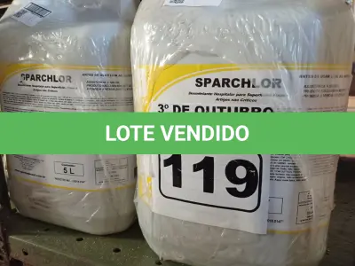 LOTE 119 - 20 LITROS DE DESINFETANTE HOSPITALAR PARA SUPERFÍCIES FIXAS E ARTIGOS NÃO CRÍTICOS. (NO ESTADO) ATENÇÃO! FAZER A VISITAÇÃO ANTES DE ARREMATAR, NÃO SABEMOS SE FUNCIONA. LEILÃO NÃO TEM GARANTIA E NEM DEVOLUÇÃO, SUJEITO A POSSÍVEIS AVARIAS VISÍVEIS/OCULTAS E/OU AUSÊNCIA DE COMPONENTES.