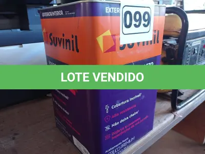 LOTE 099 - 01 LATA DE TINTA SUVINIL INTERIORES/EXTERIORES 18L NA COR FOSCO BRANCO NEVE. (NO ESTADO) ATENÇÃO! FAZER A VISITAÇÃO ANTES DE ARREMATAR, NÃO SABEMOS SE FUNCIONA. LEILÃO NÃO TEM GARANTIA E NEM DEVOLUÇÃO, SUJEITO A POSSÍVEIS AVARIAS VISÍVEIS/OCULTAS E/OU AUSÊNCIA DE COMPONENTES.