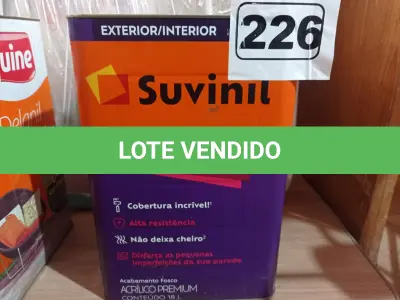 LOTE 226 - 01 LATA DE TINTA SUVINIL INTERIORES/EXTERIORES 18L NA COR FOSCO BRANCO NEVE. (NO ESTADO) ATENÇÃO! FAZER A VISITAÇÃO ANTES DE ARREMATAR, NÃO SABEMOS SE FUNCIONA. LEILÃO NÃO TEM GARANTIA E NEM DEVOLUÇÃO, SUJEITO A POSSÍVEIS AVARIAS VISÍVEIS/OCULTAS E/OU AUSÊNCIA DE COMPONENTES.