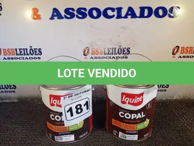 LOTE 181 - 02 GALÕES DE VERNIZ COPAL INCOLOR IQUINE 3,6L. (NO ESTADO) ATENÇÃO! FAZER A VISITAÇÃO ANTES DE ARREMATAR, NÃO SABEMOS SE FUNCIONA. LEILÃO NÃO TEM GARANTIA E NEM DEVOLUÇÃO, SUJEITO A POSSÍVEIS AVARIAS VISÍVEIS/OCULTAS E/OU AUSÊNCIA DE COMPONENTES.