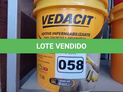 LOTE 058 - 01 BALDE DE VEDACIT, ADITIVO IMPERMEABILIZANTE PARA CONCRETOS E ARGAMASSAS 18L. (NO ESTADO) ATENÇÃO! FAZER A VISITAÇÃO ANTES DE ARREMATAR, NÃO SABEMOS SE FUNCIONA. LEILÃO NÃO TEM GARANTIA E NEM DEVOLUÇÃO, SUJEITO A POSSÍVEIS AVARIAS VISÍVEIS/OCULTAS E/OU AUSÊNCIA DE COMPONENTES.
