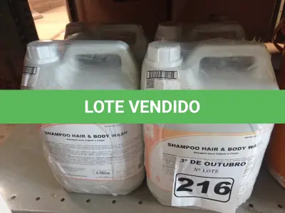 LOTE 216 - 20 LITROS DE SHAMPOO PARA CABELO E CORPO. (NO ESTADO) ATENÇÃO! FAZER A VISITAÇÃO ANTES DE ARREMATAR, NÃO SABEMOS SE FUNCIONA. LEILÃO NÃO TEM GARANTIA E NEM DEVOLUÇÃO, SUJEITO A POSSÍVEIS AVARIAS VISÍVEIS/OCULTAS E/OU AUSÊNCIA DE COMPONENTES.
