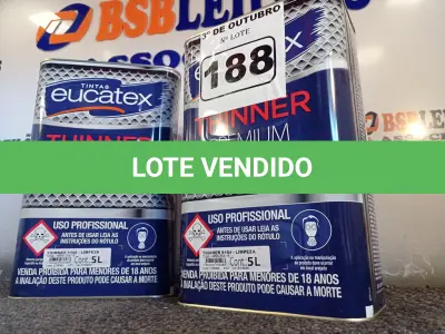 LOTE 188 - 02 GALÕES DE THINNER EUCATEX 5LITROS. (NO ESTADO) ATENÇÃO! FAZER A VISITAÇÃO ANTES DE ARREMATAR, NÃO SABEMOS SE FUNCIONA. LEILÃO NÃO TEM GARANTIA E NEM DEVOLUÇÃO, SUJEITO A POSSÍVEIS AVARIAS VISÍVEIS/OCULTAS E/OU AUSÊNCIA DE COMPONENTES.