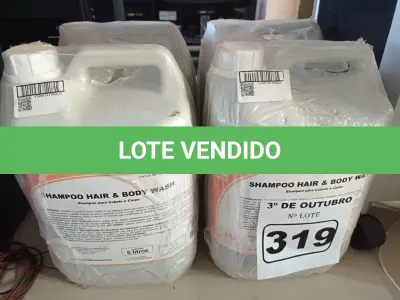 LOTE 319 - 20 LITROS DE SHAMPOO PARA CABELO E CORPO. (NO ESTADO) ATENÇÃO! FAZER A VISITAÇÃO ANTES DE ARREMATAR, NÃO SABEMOS SE FUNCIONA. LEILÃO NÃO TEM GARANTIA E NEM DEVOLUÇÃO, SUJEITO A POSSÍVEIS AVARIAS VISÍVEIS/OCULTAS E/OU AUSÊNCIA DE COMPONENTES.