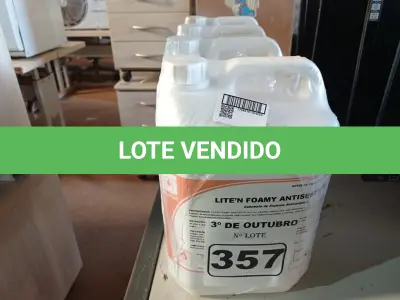 LOTE 357 - 20 LITROS DE SABONETE DE ESPUMA ANTISSÉPTICO. (NO ESTADO) ATENÇÃO! FAZER A VISITAÇÃO ANTES DE ARREMATAR, NÃO SABEMOS SE FUNCIONA. LEILÃO NÃO TEM GARANTIA E NEM DEVOLUÇÃO, SUJEITO A POSSÍVEIS AVARIAS VISÍVEIS/OCULTAS E/OU AUSÊNCIA DE COMPONENTES.