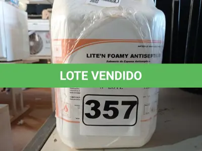 LOTE 357 - 20 LITROS DE SABONETE DE ESPUMA ANTISSÉPTICO. (NO ESTADO) ATENÇÃO! FAZER A VISITAÇÃO ANTES DE ARREMATAR, NÃO SABEMOS SE FUNCIONA. LEILÃO NÃO TEM GARANTIA E NEM DEVOLUÇÃO, SUJEITO A POSSÍVEIS AVARIAS VISÍVEIS/OCULTAS E/OU AUSÊNCIA DE COMPONENTES.