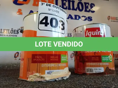 LOTE 403 - 02 GALÕES DE ESMALTE IQUINE MADEIRA E METAIS 3,6L SENDO 01 NA COR MARROM TABACO. (NO ESTADO) ATENÇÃO! FAZER A VISITAÇÃO ANTES DE ARREMATAR, NÃO SABEMOS SE FUNCIONA. LEILÃO NÃO TEM GARANTIA E NEM DEVOLUÇÃO, SUJEITO A POSSÍVEIS AVARIAS VISÍVEIS/OCULTAS E/OU AUSÊNCIA DE COMPONENTES.
