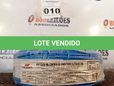 LOTE 010 - 01 ROLO DE CABO FLEXÍVEL 100M 1X2,5MM NA COR AZUL(NOVO). (NO ESTADO) ATENÇÃO! FAZER A VISITAÇÃO ANTES DE ARREMATAR, NÃO SABEMOS SE FUNCIONA. LEILÃO NÃO TEM GARANTIA E NEM DEVOLUÇÃO, SUJEITO A POSSÍVEIS AVARIAS VISÍVEIS/OCULTAS E/OU AUSÊNCIA DE COMPONENTES.