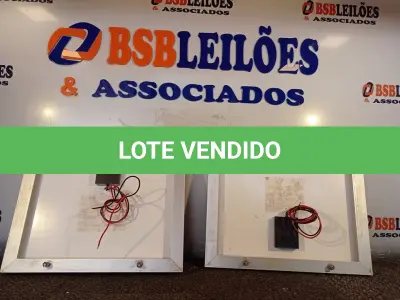 LOTE 009 - 02 PAINÉIS SOLARES 20V 10W. (NO ESTADO) ATENÇÃO! FAZER A VISITAÇÃO ANTES DE ARREMATAR, NÃO SABEMOS SE FUNCIONA. LEILÃO NÃO TEM GARANTIA E NEM DEVOLUÇÃO, SUJEITO A POSSÍVEIS AVARIAS VISÍVEIS/OCULTAS E/OU AUSÊNCIA DE COMPONENTES.