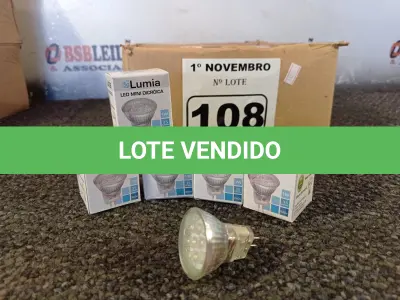 LOTE 108 - 01 LOTE COM APROXIMADAMENTE 80 LÂMPADAS DICROICA 1W 220V. (NO ESTADO) ATENÇÃO! FAZER A VISITAÇÃO ANTES DE ARREMATAR, NÃO SABEMOS SE FUNCIONA. LEILÃO NÃO TEM GARANTIA E NEM DEVOLUÇÃO, SUJEITO A POSSÍVEIS AVARIAS VISÍVEIS/OCULTAS E/OU AUSÊNCIA DE COMPONENTES.