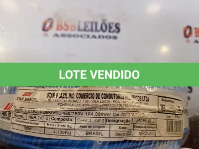 LOTE 110 - 01 ROLO DE CABO FLEXÍVEL 100M 1X4MM NA COR AZUL(NOVO). (NO ESTADO) ATENÇÃO! FAZER A VISITAÇÃO ANTES DE ARREMATAR, NÃO SABEMOS SE FUNCIONA. LEILÃO NÃO TEM GARANTIA E NEM DEVOLUÇÃO, SUJEITO A POSSÍVEIS AVARIAS VISÍVEIS/OCULTAS E/OU AUSÊNCIA DE COMPONENTES.