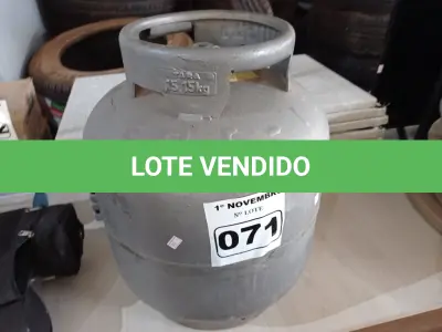 LOTE 071 - 01 BOTIJÃO DE GÁS P13 “VAZIO”. (NO ESTADO) ATENÇÃO! FAZER A VISITAÇÃO ANTES DE ARREMATAR, NÃO SABEMOS SE FUNCIONA. LEILÃO NÃO TEM GARANTIA E NEM DEVOLUÇÃO, SUJEITO A POSSÍVEIS AVARIAS VISÍVEIS/OCULTAS E/OU AUSÊNCIA DE COMPONENTES.