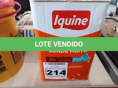 LOTE 214 - 01 LATA DE TINTA IQUINE INTERIORES/EXTERIORES DELANIL RENDE MUITO FOSCO SEM A IDENTIFICAÇÃO. (NO ESTADO) ATENÇÃO! FAZER A VISITAÇÃO ANTES DE ARREMATAR, NÃO SABEMOS SE FUNCIONA. LEILÃO NÃO TEM GARANTIA E NEM DEVOLUÇÃO, SUJEITO A POSSÍVEIS AVARIAS VISÍVEIS/OCULTAS E/OU AUSÊNCIA DE COMPONENTES.