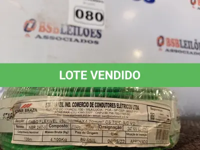 LOTE 080 - 01 ROLO DE CABO FLEXÍVEL 100M 1X4MM NA COR VERMELHA(NOVO). (NO ESTADO) ATENÇÃO! FAZER A VISITAÇÃO ANTES DE ARREMATAR, NÃO SABEMOS SE FUNCIONA. LEILÃO NÃO TEM GARANTIA E NEM DEVOLUÇÃO, SUJEITO A POSSÍVEIS AVARIAS VISÍVEIS/OCULTAS E/OU AUSÊNCIA DE COMPONENTES.