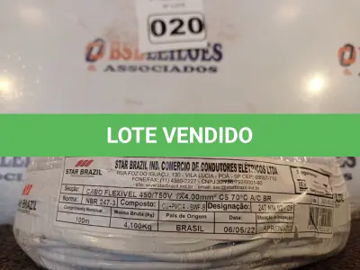 LOTE 020 - 01 ROLO DE CABO FLEXÍVEL 100M 1X4MM NA COR BRANCA(NOVO). (NO ESTADO) ATENÇÃO! FAZER A VISITAÇÃO ANTES DE ARREMATAR, NÃO SABEMOS SE FUNCIONA. LEILÃO NÃO TEM GARANTIA E NEM DEVOLUÇÃO, SUJEITO A POSSÍVEIS AVARIAS VISÍVEIS/OCULTAS E/OU AUSÊNCIA DE COMPONENTES.