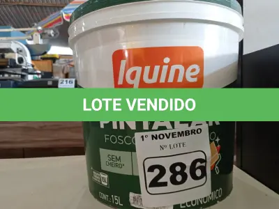 LOTE 286 - 01 BALDE DE TINTA IQUINE PINTALAR FOSCO AVELUDADO INTERIORES NA COR MARFIM 15L. (NO ESTADO) ATENÇÃO! FAZER A VISITAÇÃO ANTES DE ARREMATAR, NÃO SABEMOS SE FUNCIONA. LEILÃO NÃO TEM GARANTIA E NEM DEVOLUÇÃO, SUJEITO A POSSÍVEIS AVARIAS VISÍVEIS/OCULTAS E/OU AUSÊNCIA DE COMPONENTES.