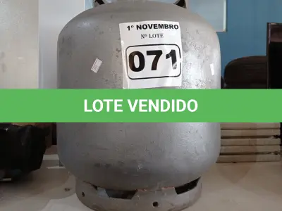 LOTE 071 - 01 BOTIJÃO DE GÁS P13 “VAZIO”. (NO ESTADO) ATENÇÃO! FAZER A VISITAÇÃO ANTES DE ARREMATAR, NÃO SABEMOS SE FUNCIONA. LEILÃO NÃO TEM GARANTIA E NEM DEVOLUÇÃO, SUJEITO A POSSÍVEIS AVARIAS VISÍVEIS/OCULTAS E/OU AUSÊNCIA DE COMPONENTES.