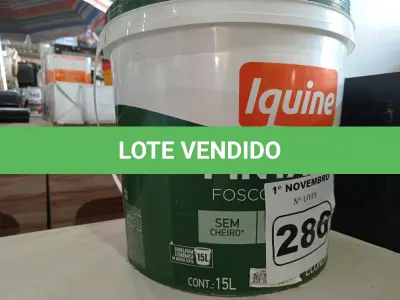 LOTE 286 - 01 BALDE DE TINTA IQUINE PINTALAR FOSCO AVELUDADO INTERIORES NA COR MARFIM 15L. (NO ESTADO) ATENÇÃO! FAZER A VISITAÇÃO ANTES DE ARREMATAR, NÃO SABEMOS SE FUNCIONA. LEILÃO NÃO TEM GARANTIA E NEM DEVOLUÇÃO, SUJEITO A POSSÍVEIS AVARIAS VISÍVEIS/OCULTAS E/OU AUSÊNCIA DE COMPONENTES.