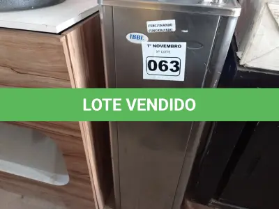 LOTE 063 - 01 BEBEDOURO EM INOX MARCA IBBL 220V. (NO ESTADO) ATENÇÃO! FAZER A VISITAÇÃO ANTES DE ARREMATAR, NÃO SABEMOS SE FUNCIONA. LEILÃO NÃO TEM GARANTIA E NEM DEVOLUÇÃO, SUJEITO A POSSÍVEIS AVARIAS VISÍVEIS/OCULTAS E/OU AUSÊNCIA DE COMPONENTES.