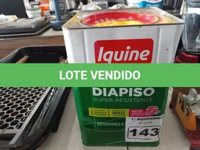 LOTE 143 - 01 LATA DE TINTA PARA PISO IQUINE COR VERMELHA 18L. (NO ESTADO) ATENÇÃO! FAZER A VISITAÇÃO ANTES DE ARREMATAR, NÃO SABEMOS SE FUNCIONA. LEILÃO NÃO TEM GARANTIA E NEM DEVOLUÇÃO, SUJEITO A POSSÍVEIS AVARIAS VISÍVEIS/OCULTAS E/OU AUSÊNCIA DE COMPONENTES.
