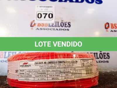 LOTE 070 - 01 ROLO DE CABO FLEXÍVEL 100M 1X4MM NA COR VERMELHA(NOVO). (NO ESTADO) ATENÇÃO! FAZER A VISITAÇÃO ANTES DE ARREMATAR, NÃO SABEMOS SE FUNCIONA. LEILÃO NÃO TEM GARANTIA E NEM DEVOLUÇÃO, SUJEITO A POSSÍVEIS AVARIAS VISÍVEIS/OCULTAS E/OU AUSÊNCIA DE COMPONENTES.