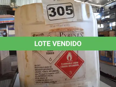 LOTE 305 - 20 LITROS DE PRAGUICIDA. (NO ESTADO) ATENÇÃO! FAZER A VISITAÇÃO ANTES DE ARREMATAR, NÃO SABEMOS SE FUNCIONA. LEILÃO NÃO TEM GARANTIA E NEM DEVOLUÇÃO, SUJEITO A POSSÍVEIS AVARIAS VISÍVEIS/OCULTAS E/OU AUSÊNCIA DE COMPONENTES.
