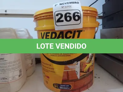 LOTE 266 - 01 BALDE DE VEDALIT, ADITIVO PLASTIFICANTE CONCENTRADO PARA ARGAMASSA DE ASSENTAMENTO E REBOCO CONVENCIONAL. (NO ESTADO) ATENÇÃO! FAZER A VISITAÇÃO ANTES DE ARREMATAR, NÃO SABEMOS SE FUNCIONA. LEILÃO NÃO TEM GARANTIA E NEM DEVOLUÇÃO, SUJEITO A POSSÍVEIS AVARIAS VISÍVEIS/OCULTAS E/OU AUSÊNCIA DE COMPONENTES.